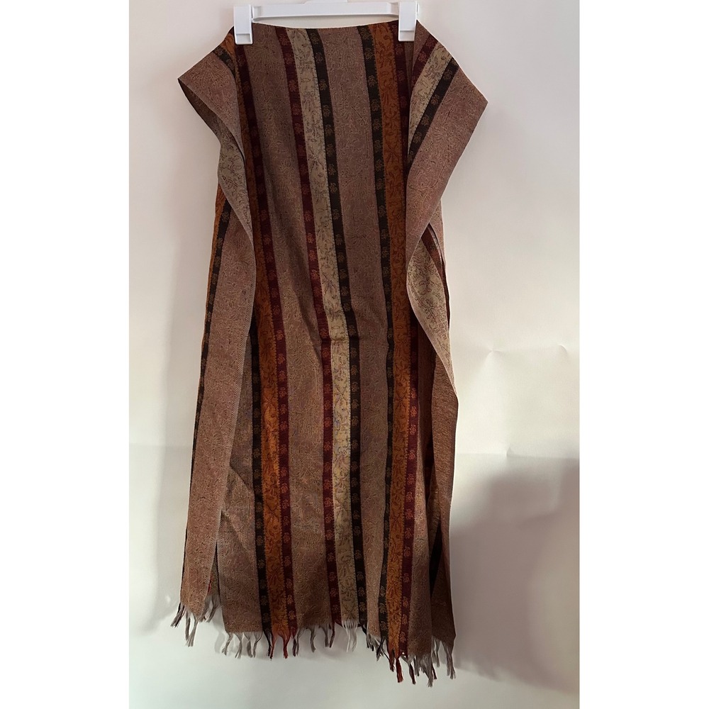 Moksha 100% Pure New Wool Striped Paisley Jacquard Shawl Scarf Terracotta Gold
